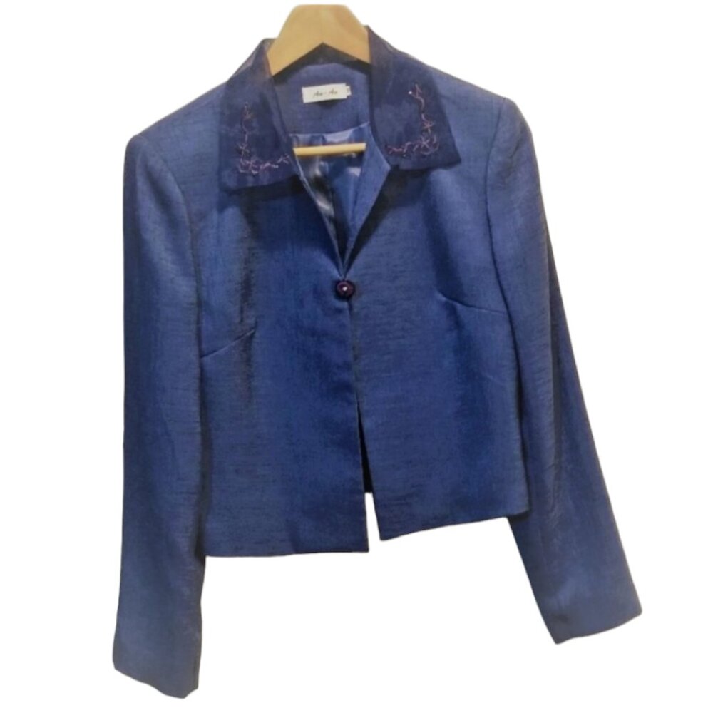 Vintage Blazer Blue Cropped Lightweight Embellished Collar Lined One Button